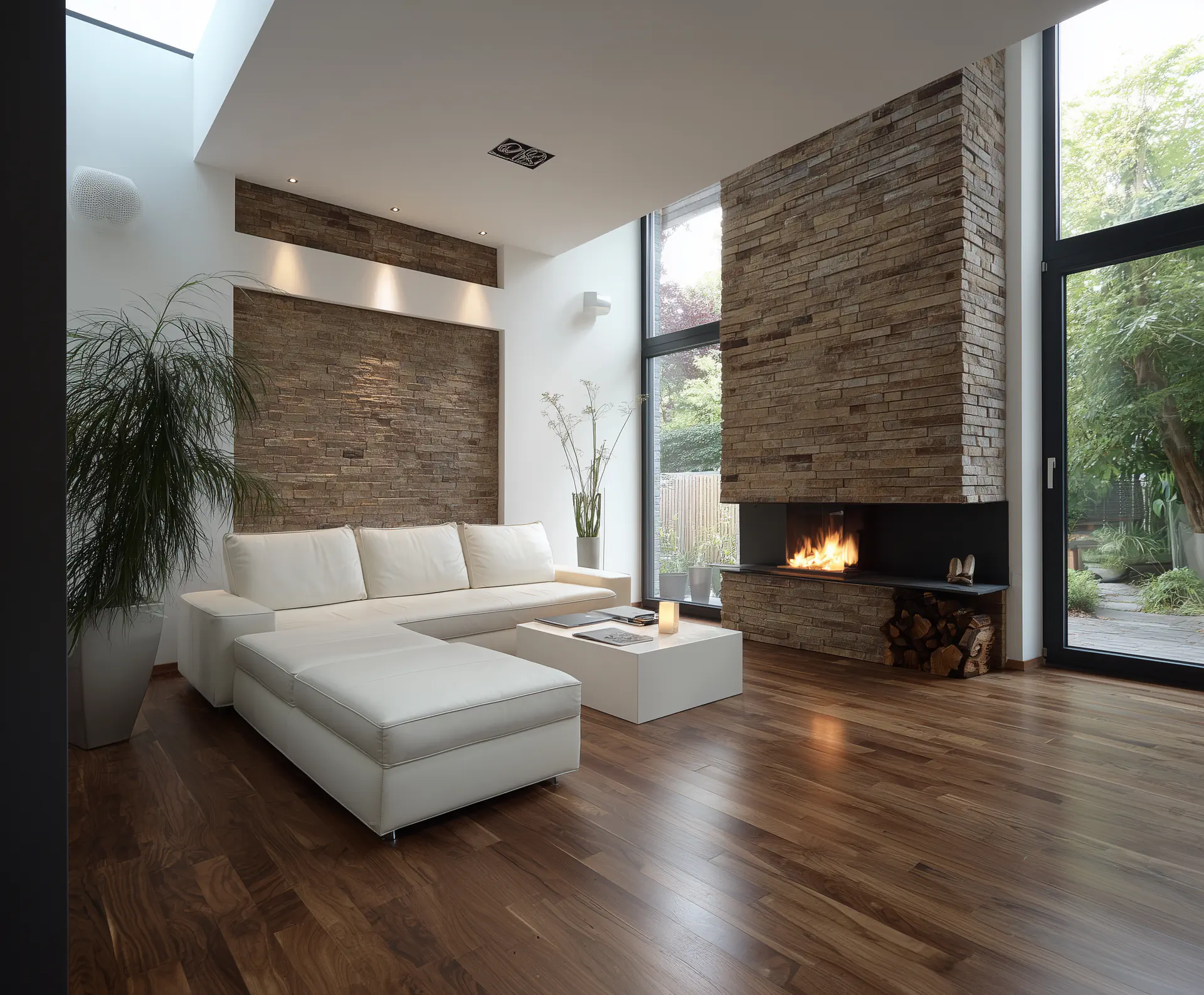 Modernes Wohnzimmer mit weißem Ecksofa, Kamin aus Naturstein und großem Fenster