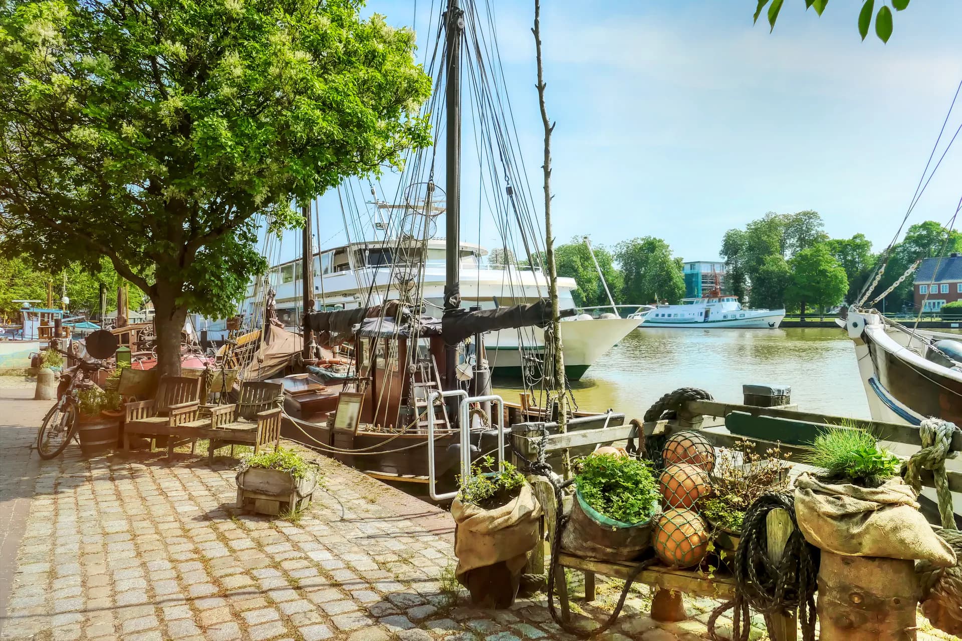 Boote im Hafen mit Bäumen, Bänken und Pflanzen am Ufer.