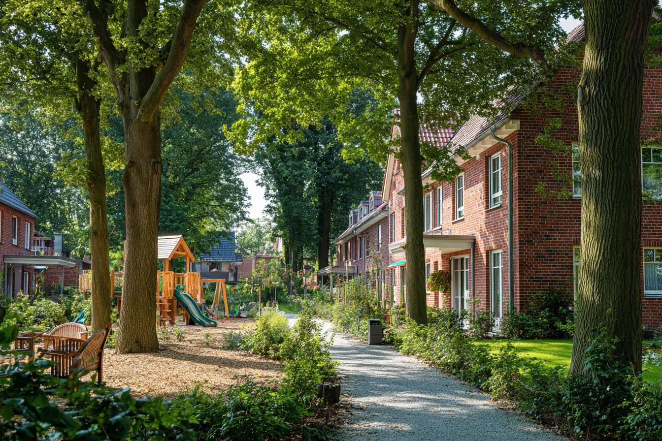 Reihenhäuser mit Spielplatz und Bäumen, gepflasterter Weg, sonniger Tag.